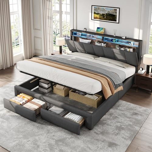 5ft King Size Bed Frame with Hydraulic Lift & Drawers, LED Adjustable Headboard with Charging Station & Concealed Storage Headboard, Linen Upholstered Functional Ottoman Storage Bed, No Mattress,Grey