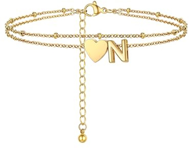 PROSTEEL Pulsera Tobillera Mujer Dorado Doble Capas con Corazón Letra Inicial A-Z Pulseras de Tobillo Acero Inoxidable Joyas de Mujer Chica para Verano Playa 22cm+5cm