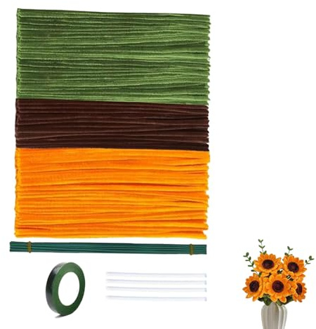 Piprensare för pyssel, piprensare för pyssel blommor med blomkräppa, 30 cm lång piprensare grön, gul, brun, rörrengörare pysselset för gör-det-själv dekoration, flexibel, förtjockad chenilletråd