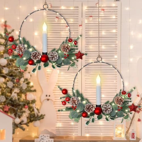 Weldomcor Weihnachtskränze für Haustür, 39 cm, Weihnachtskranz mit LED-Kerzen, Winterkranz für Fenster, Kamin, Veranda, Wandbehang, Heimdekoration, 2 Stück