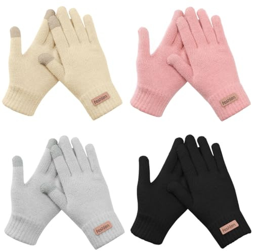 Loiyadn 4 Pairs Gloves for Women Winter, Warm Lining Touchscreen Gloves Women Elastic Knitted Glove for Cold Weather