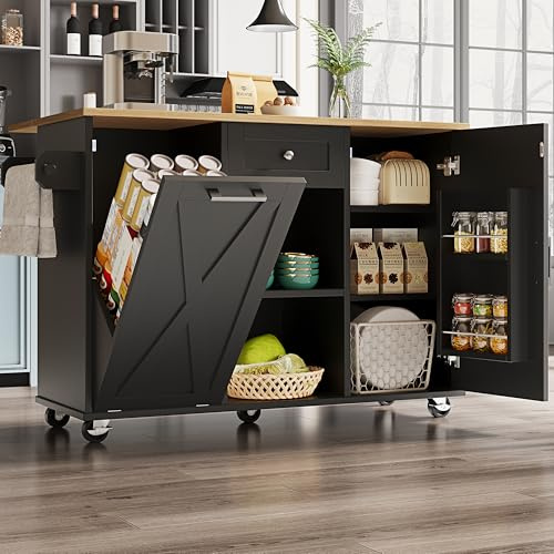 Trdlpyn Isole della cucina autoportante su ruote con piano di lavoro pieghevole, armadietto da cucina per bidone della spazzatura, tavolo da pranzo con porta pieghevole, carrello da portata 142 x 40