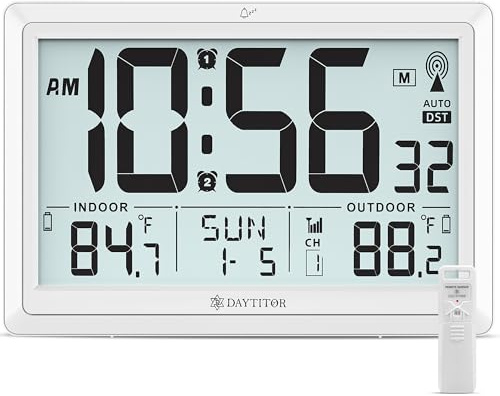 Atomic Clock Wall with Indoor/Outdoor Temp, Battery Operated Digital Wall Clock with 10.5 Large LCD Display, 330ft Range Desk Table Clock with Alarm, DST, Calendar for Living Room Bedroom, White
