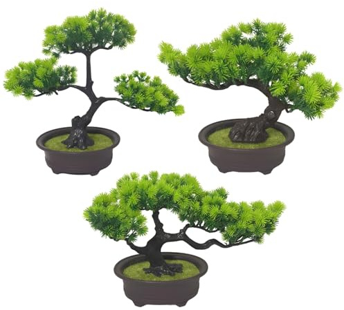 Juego de árbol bonsái artificial, pino de bienvenida, cabeza de dragón y versiones de media luna, macetas de plástico con hierba sintética, plantas bonsái realistas para decoración de interiores