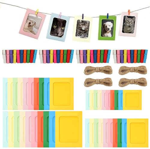 40 cornici in carta colorata, per foto, casa, ufficio, decorazione da parete, con clip in legno e corda di canapa (3 4 5 6)