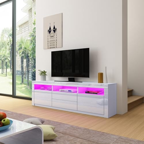 TV Schrank,Fernsehertisch bis zu 65 Zoll,Fernsehkommode Fernsehschrank mit 2 Schubladen, 2 Türen,TV Board Hochglanz mit LED Beleuchtung,TV Cabinet Lowboard für Wohnzimmer Schlafzimmer (Weiß)