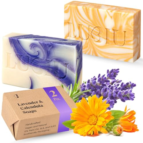 lubiu Sapone Naturale Artigianale – Saponetta Solida per Corpo, Viso e Mani – Set Lavanda + Calendula (2×100 g)