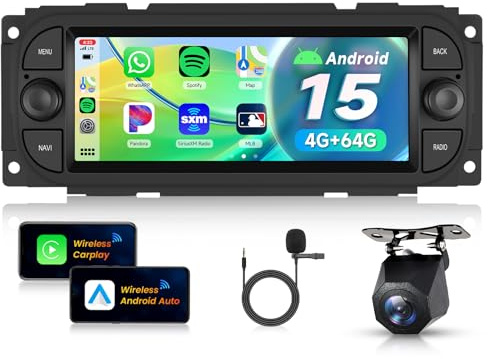 VECHTEL 4G+64G Android bilradio 15 skärm 6,86 tum för Jeep Grand Cherokee Wrangler Liberty Chrysler Grand Voyager 300M PT Cruiser RAM 1500 2500 med CarPlay Android Auto GPS Wi-Fi Bluetooth RDS-kamera