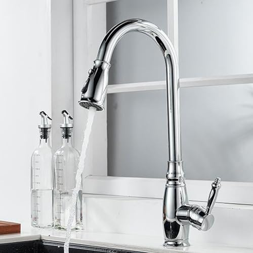 Rubinetto Cucina con Doccetta Estraibile Ottone Rubinetteria Cucina Estensibile Monoforo Monomaniglia Acqua Fredda e Calda-Cromato