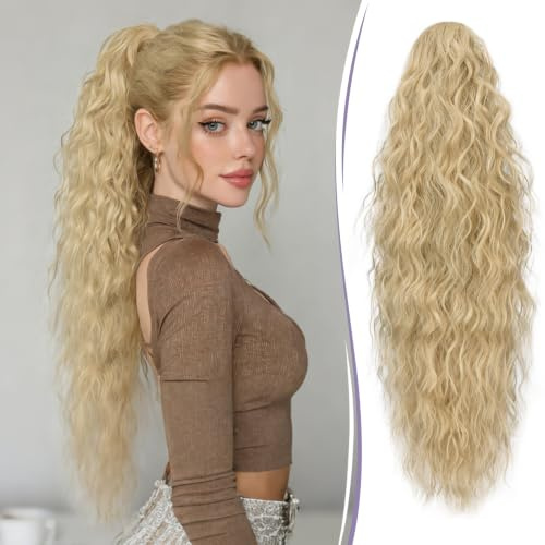 RUWISS Pferdeschwanz mit Klammer 76 cm Lange Wellig Lockig Pferdeschwanz Haarteil Synthetik Gewellt Claw Clip in Ponytail Extension für Damen, Aschblond