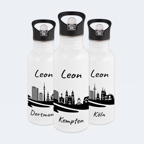 Gravur-Max Kinder Trinkflasche 600 ml personalisiert – auslaufsichere Edelstahl Trinkflasche mit Trinkhalm & Klappdeckel – leicht & robust - mit Skyline von Kempten & Wunschname bedruckt - Weiß