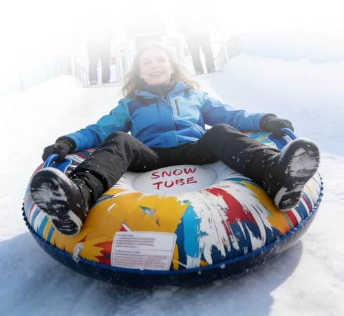 Aufblasbare Schneereifen mit Griffen, 92cm Verdickter Kältebeständiger PVC Aufblasbarer Schneerohr Rodelreifen Schlauch Snow Tube Schlitten Antikipp für Gefrorene Flüsse Seen Skifahren Kinder Erwachse