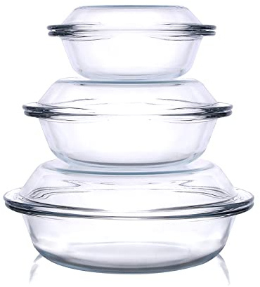 Set di 6 pirofile, rotonde, in vetro temperato, 0,5 l, 1 l, 1 l, 1,8 l, con coperchio per forno, congelatore e lavabile in lavastoviglie