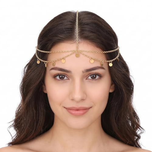 FHRYNA Bijoux Cheveux Chaîne de Tête Dorée en Alliage, Strass et Coquillages, Style Bohème, Idéal pour Mariages, Fêtes et Tenues Quotidiennes