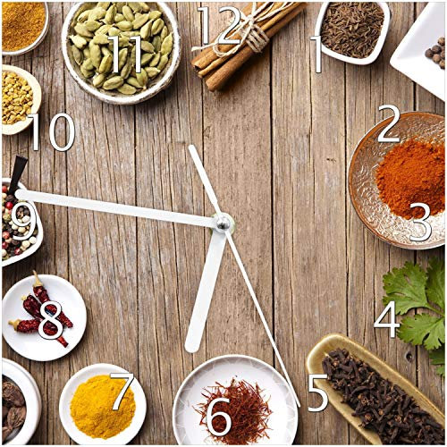 Wallario Design-Wanduhr Gewürze in Schüsseln auf einem Alten Holztisch in der Küche aus Glas, Motiv-Uhr Größe 20 x 20 cm, weiße Zeiger