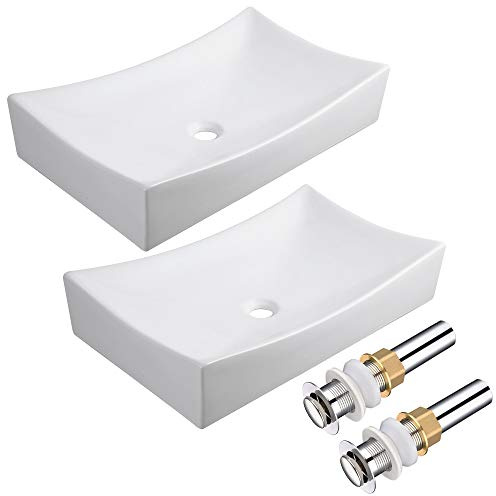Aquaterior 2 Pack Rectangle Porcelain Above Counter Vessel Sink Bathroom Ceramic Basin with Chrome Pop up Drain