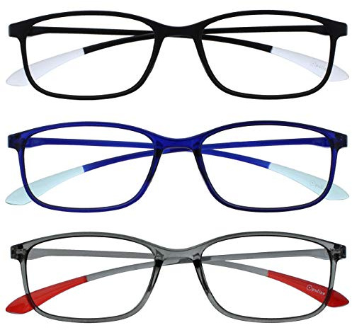 OPULIZE Ice Lesebrille 3er Pack Ultraleicht Rahmen Kratzfest Mattschwarz Kristallblau Kristallgrau Herren Damen RRR61-137 +1.00