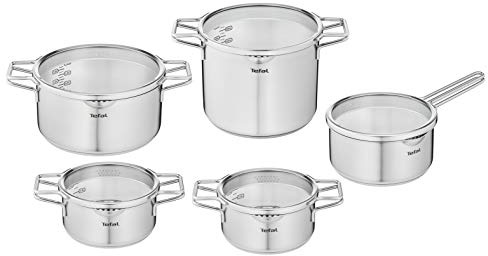 Tefal Nordica H852SA55 Stahl-Topfset mit Deckel 10-teilig, Topf: 18/20/24 cm, Kochtopf hoch 22cm, Rondel 16cm