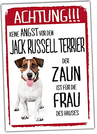 Jack Russell Dog Schild Achtung Zaun Frau Spruch Türschild Hundeschild Warnschild Geschenkidee lustiger Spruch Hundemotiv Aluminium Wetterfestes Hundeschild