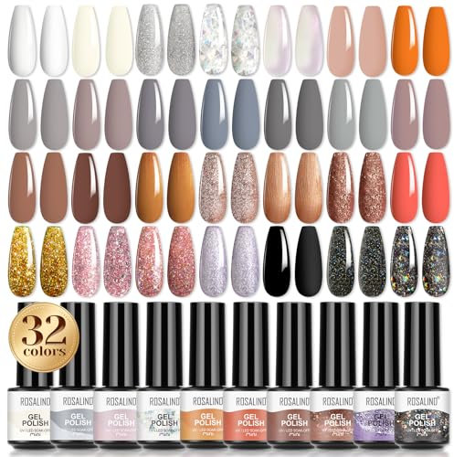 ROSALIND 32 Stück UV Nagellack Set - 28 Farben Gel Mit Base Top Coat Matt Primer, Weiß Schwarz Grau Braun Glitzer Gelnägel Design Nagelstudio Mini