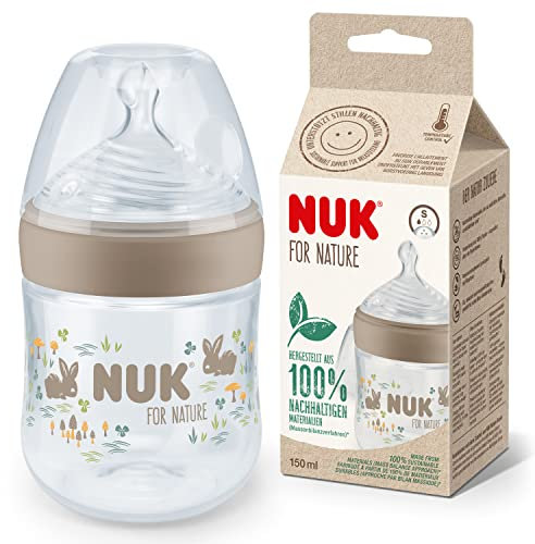 NUK for Nature Baby Bottle | Small Teat | 150 ml | Breast-Like Ant-Colic Silicone Teat | Temperature Control | Sustainable, BPA-Free Materials | Beige