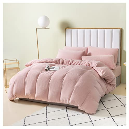 Single - Plain Teddy Fleece Duvet cover set - Matching Pillowcase - Blush/Pink color - Thermal warm & Cozy Super Soft Bedding Set