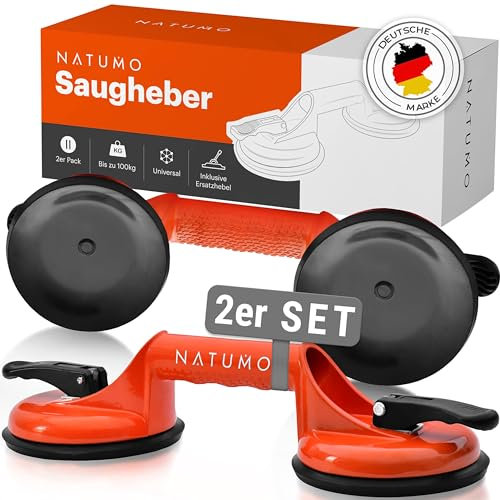 NATUMO® Saugheber [2er Set] - Glassauger mit 100kg Tragkraft - Vakuumheber mit ergonomischen & rutschfesten Griffen für Fliesen, Möbel, Glas, Laminat, Vinyl & Terrassenplatten [Orange]