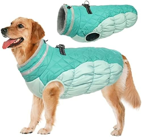 Lelepet Wasserdicht Hundemantel, Winter Winddicht Hundejacke mit Geschirr, Warme Reflektierend Schneeanzug Winterweste, Kaltes Wetter Hundepullover für Kleine Mittlere Große Hunde (Mintgrün, XL)