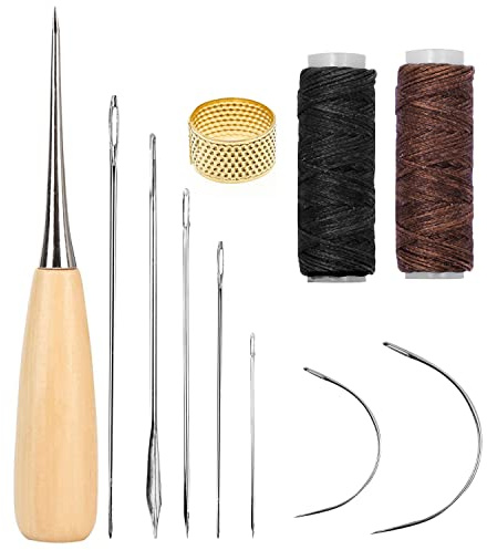 Tinsellns 11Pcs Leather Repair Kit, Leather Stitching Kit with Waxed Thread Sewing Needle, Needle and Thread Kit for Leather Bags, Sofas, Wallets, Black,Brown