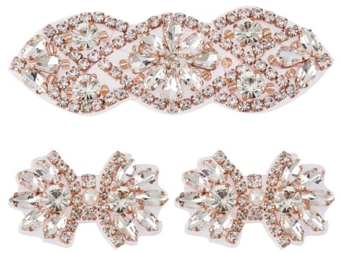 FINGERINSPIRE 3 Stück 2 Stil Glitzer Hotfix Strassapplikationen Roségold Zum Aufbügeln Aufnähen Strass Aufnäher Blumenform Aufnäher Für Hochzeitskleid, Brautkopfschmuck, Gürtel, Schuhe Oder Taschen