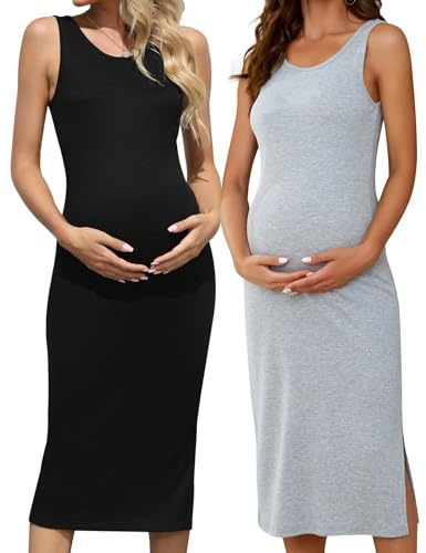 Brynmama Set da 2 Gonne da maternità Estive per Donne in Gravidanza Senza Maniche, Fenditura Laterale Midi Nero, Grigio, M
