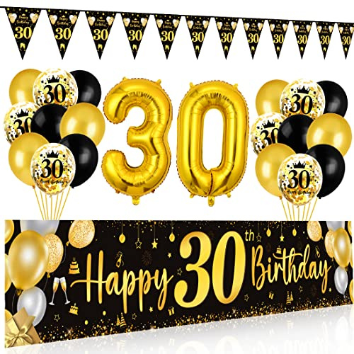 30. Geburtstag Deko für Mann und Frau - Happy Birthday Banner, 30 Luftballons, Wimpel Girlande, Hintergrund Ballons Schwarz Gold für Männer Frauen Party