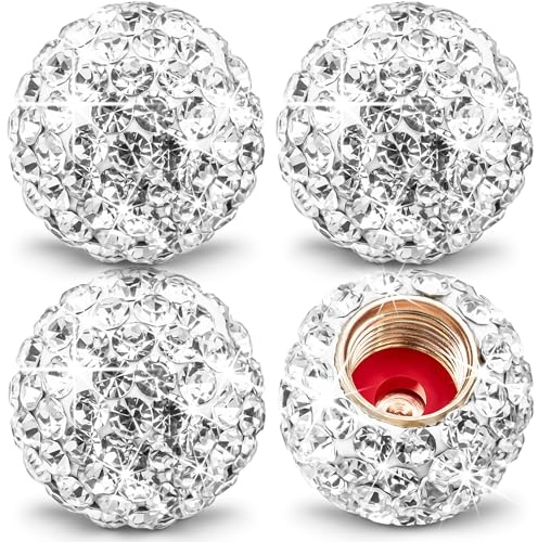 MEAJOO 4PCS Bling Crystal Diamond Tire Stem Valve Caps, Crystal Shinny Rhinestone Car Wheel Tire Valve Caps for Women, Universal for Cars, SUV, Trucks, Bikes, Motorcycles, Bicycles (White)