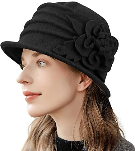 HilyBony Damen 1920er Herbst Wintermütze Floral Wolle Rund Cloche Kirche Bowler Hut Vintage Französische Baskenmütze (as3, Alpha, m, Standard, Schwarz)