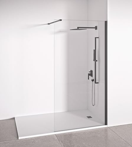 Paroi de douche fixe pour espace ouvert - Transparent – Verre trempé de 8 mm anticalcaire inclus – Profilés Noir mat - Largeur 70 cm - Hauteur 195 cm
