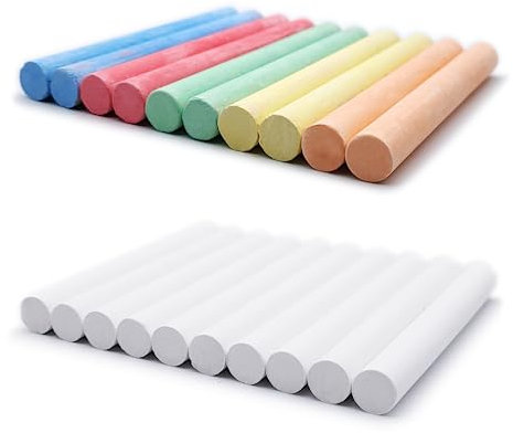 Set di 20 Gessi Bianchi e Colorati per Lavagna, Gessetti 5 Colori + Bianco ad Alto Contrasto - per Scuola, Ufficio, Studio, Artigianato, Disegno