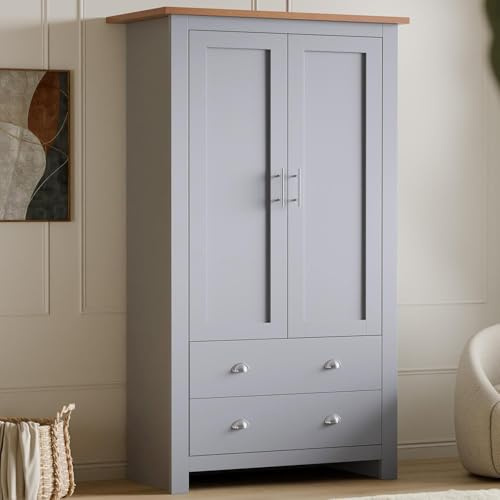 Bedroom Wardrobes 2 Door 2 Drawer Wardrobe MDF With Shelf Hanging Rail Cloth Storage Wooden Wardrobe With Drawer Large Cupboard Bedroom Furniture, Grey & Oak, 180H x 86W x 52D cm