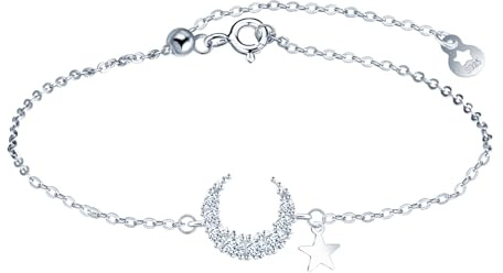 INFINIONLY Pulseras de Plata 925 con Circonita para Mujer Niña Elegante Pulsera Luna - Estrella con Creative Ajustable Cadena de Ancla