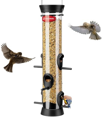 Kingsyard 6 Ports Tube Bird Feeder for Outdoors Hanging, Removable Base and Perch, Easy to Clean & Refill, Premium Hard Plastic, Attracting for Finches Cardinals Bluebirds (Black)