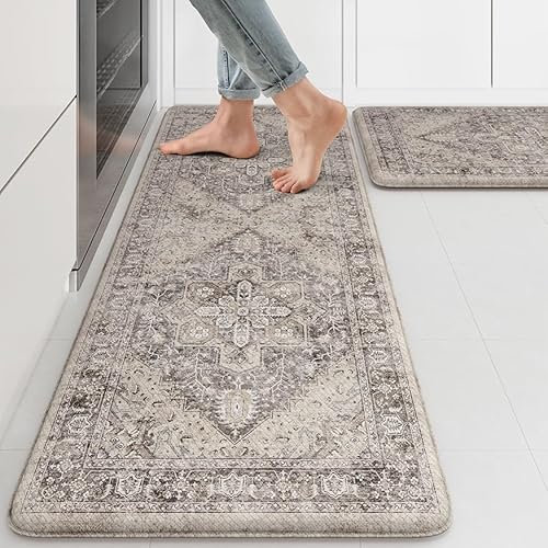 KIMODE Küchenmatte gegen Müdigkeit, Boho-Stil, Used-Look, rutschfest, gepolstert, wasserdicht, Stehmatte für Wäsche, Büro, Waschbecken, Schreibtisch, Braun, 43,2 x 119,4 cm + 43,2 x 73,7 cm, 2 Stück