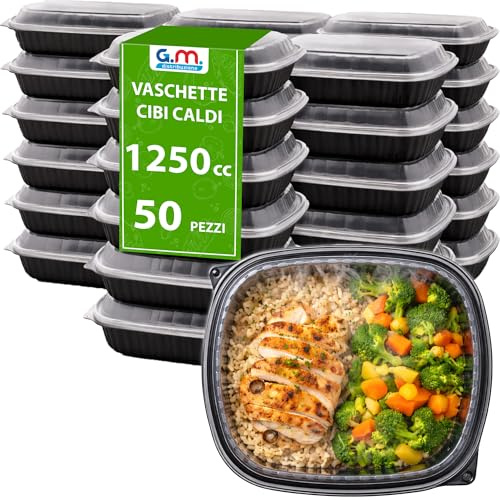 GM 50 Pezzi - Contenitori Microondabili Ermetici Neri per Alimenti 1250 ml, Contenitori Porta Pranzo per Cibi Caldi, Lavabili