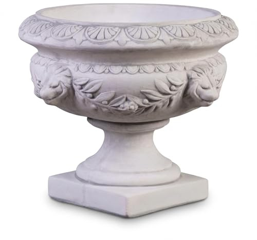 gartendekoparadies.de Pflanzschale Barock Pflanzgefäß aus Steinguss mit Löwenköpfen, frostfest bis -30°C, 10 l Volumen, Grau, 27 kg, 40 x 40 x 35 cm, Handarbeit, robuste Gartendeko für Außenbereich
