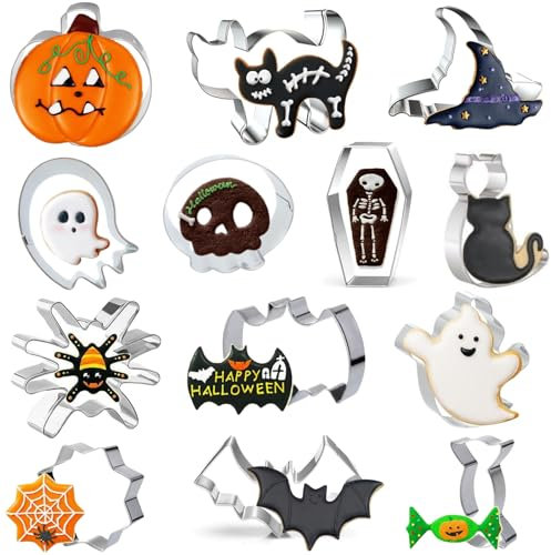 FINVERNEK Halloween Ausstecher Keksausstecher Set-13-Stück, Halloween Ausstechformen Edelstahl für Keks Plätzchen Tortendekorationen, Geist, Angstkatze, Schädel, Fledermaus, Sarg, Kürbis, Hexenhut