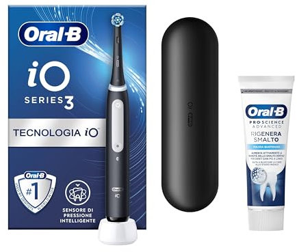 Oral-B Spazzolino Elettrico Ricaricabile iO 3 Nero, 1 Testina Di Ricambio, 1 Custodia Da Viaggio +Dentifricio Pro-Science Advanced Rigenera Smalto Pulizia Quotidiana 75ml. 1 Spazzolino