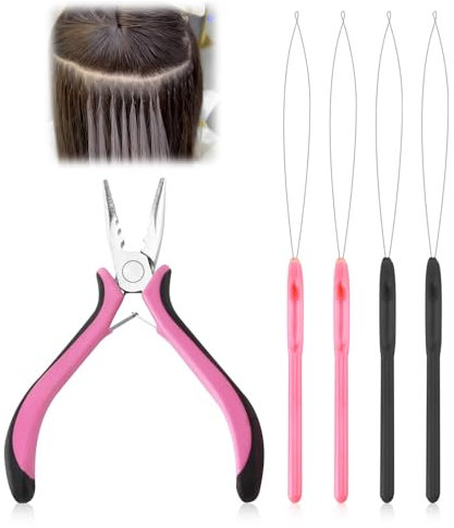 Fuitke Hair Extension Plier with 4Pcs Loop Needle Threader, Mini Pliers 3-Hole Pliers Stainless Steel Hair Plier Hair Extension Tool for Installation Removal Maintenance Micro Ring Nano Bead