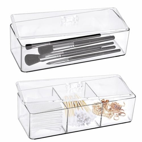 KNGNGK 2 Stück Acryl Kosmetik Organizer Schublade Make Up Aufbewahrungsbox Schmink Organizer Schublade Stapelbar Kosmetik Box mit Deckel Wattestäbchen Behälter Transparent für Bad
