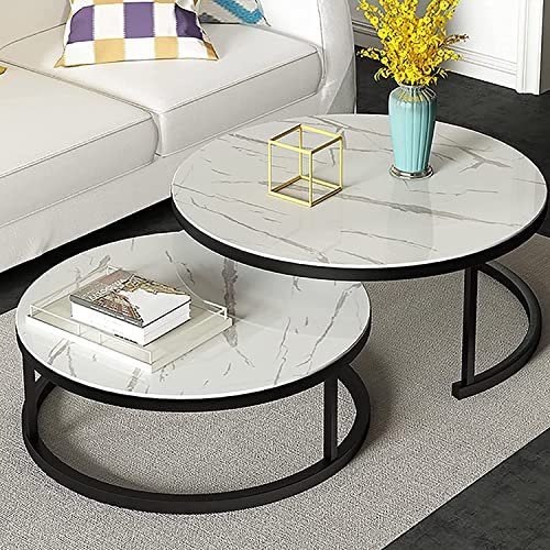 KROVEDY 2er-Set moderner Satztische, Couchtisch, rund, für Sofa, Beistelltisch, Wohnzimmer, Tischplatte aus gehärtetem Glas und schwarzes Metall, (70 cm groß und 50 cm klein)