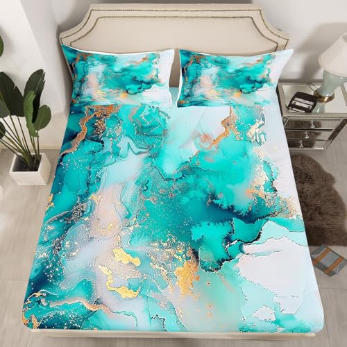 Marmordruck Matratzenbezug L Größe, Grün Golden Gray Gradient Aquarell Fitting Sheet mit 1 Kissenbezug, Tie Dye Muster Tinte Malerei Polyester Matratzenschutz für Kinder,(Kein Top Sheet)