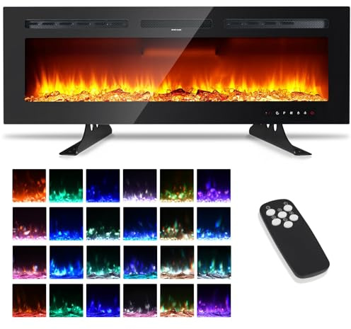 Elettrocamino 3d Camino Elettrico 50 (127 Cm), 12 Modalità Di Colore Led Effetto Fiamma, Stufa Da Camino 900/1800 W, Camino A Parete E Incorporato, Funzione App, Telecomando,Nero