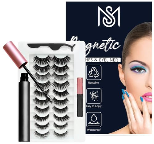 10 Reusable Magnetic Eyelashes with Applicator & 2 Magnetic Eyeliners | No Glue Needed | Lightweight, Waterproof & Easy to Apply for All Eye Shapes